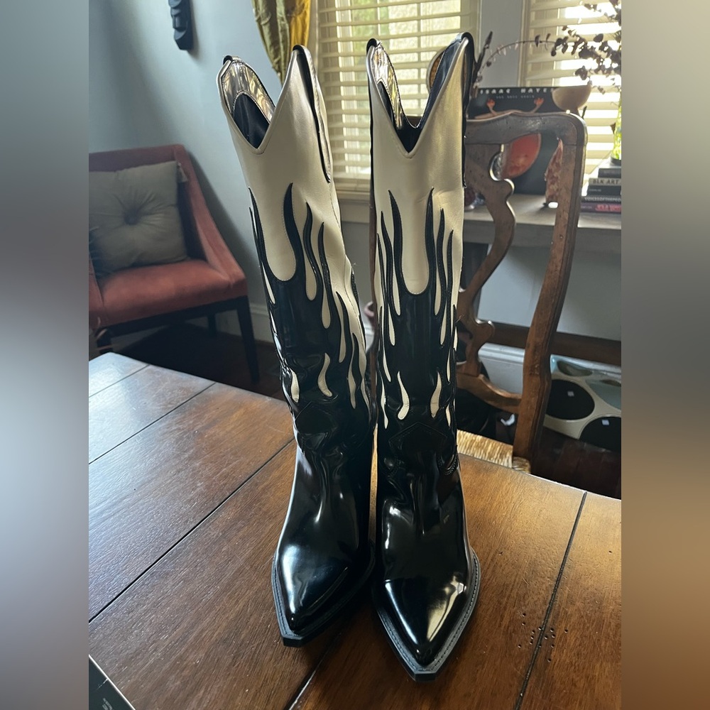 Zara Black and White Flame Cowboy Boots